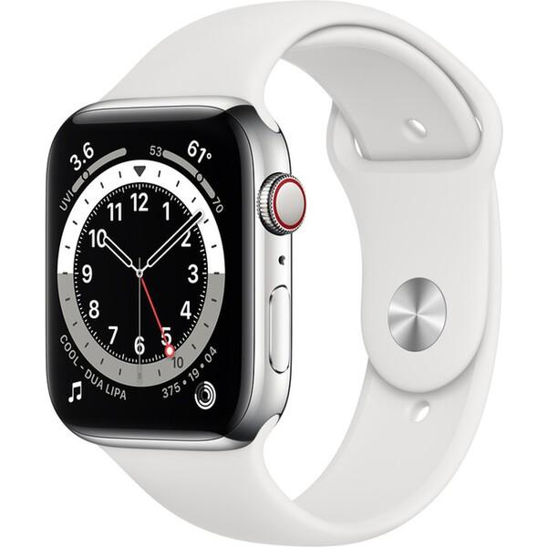 Apple Watch Series 6 Cellular 44mm stříbrná ocel s bílým sportovním řemínkem